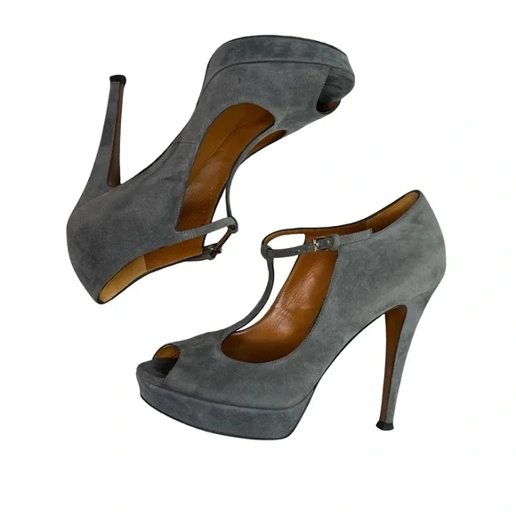 Gucci Betty T Strap Peep Toe Grey Suede Pumps 37 - Picture 9 of 16